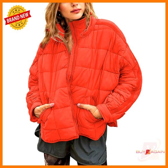 Quilted Puffer Jacket Lightweight Padded Coat Zip Up Chic Casual Outwear
